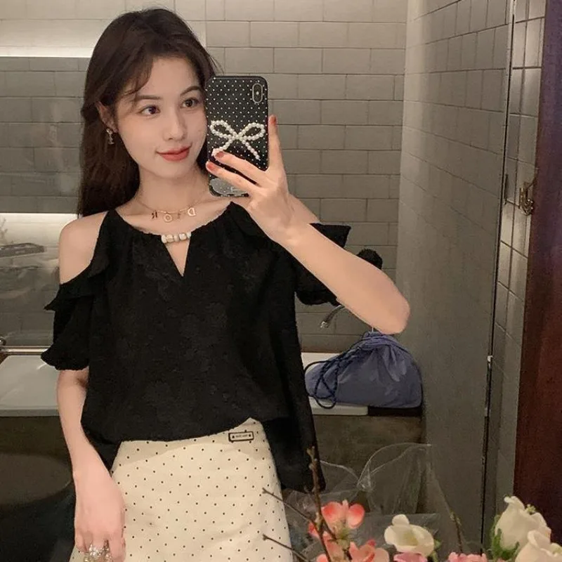 

Women Clothing Summer Fashion Korean Printing Contrasting Colors O-neck Female All-match Fashionable Off Shoulder Short Sleeve
