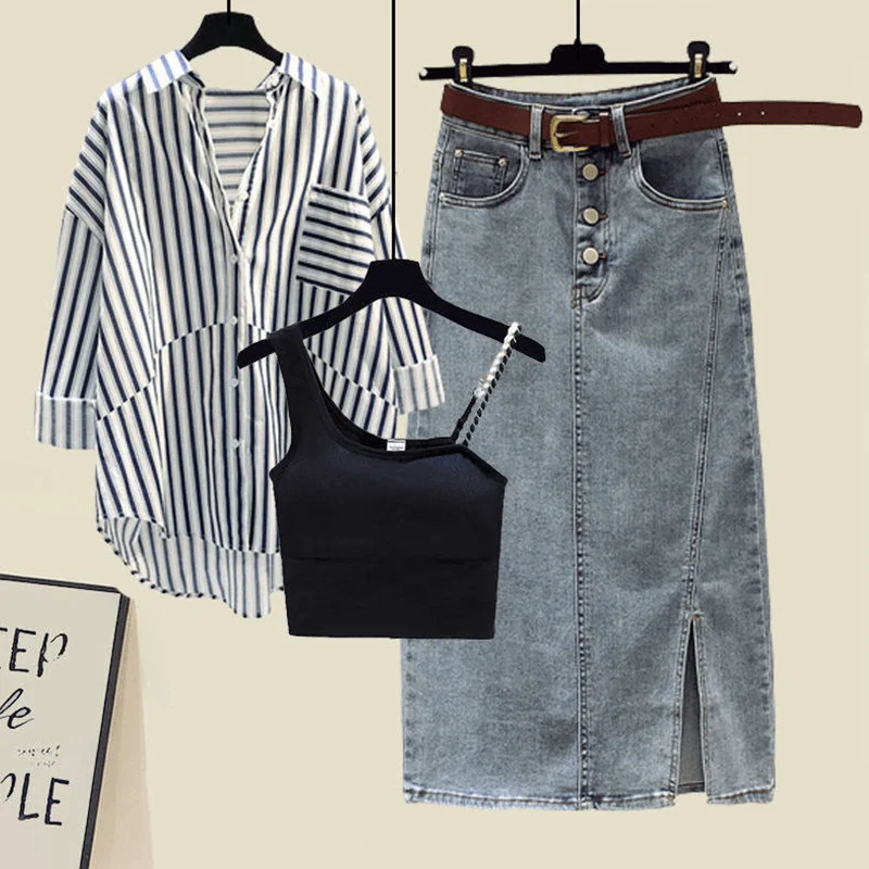 

Летний наряд, женская полосатая внутренняя майка больших размеров с джинсовой юбкой, комплект футболок, модная повседневная одежда