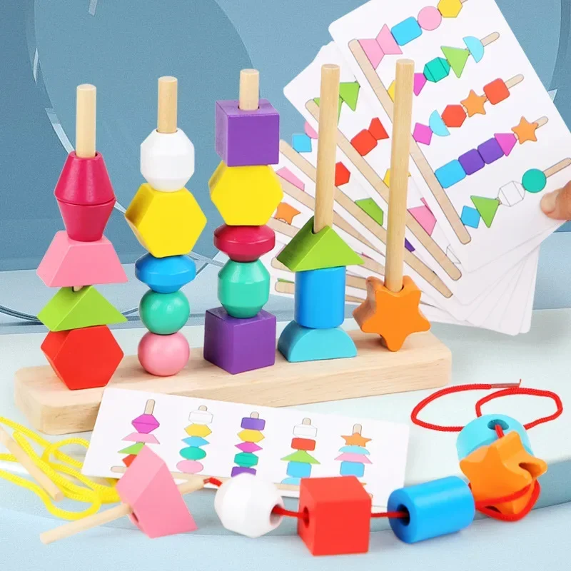 Giocattoli Montessori in legno forma di colore corrispondenza stringa Puzzle gioco perline colorate cognizione giocattolo educativo con perline regalo per i bambini