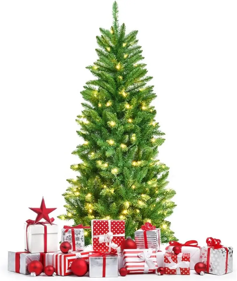 

Рождественская елка из искусственной елки с предварительной подсветкой, 5 футов, теплые огни 150, на петлях, тонкие 300 советов, простая сборка