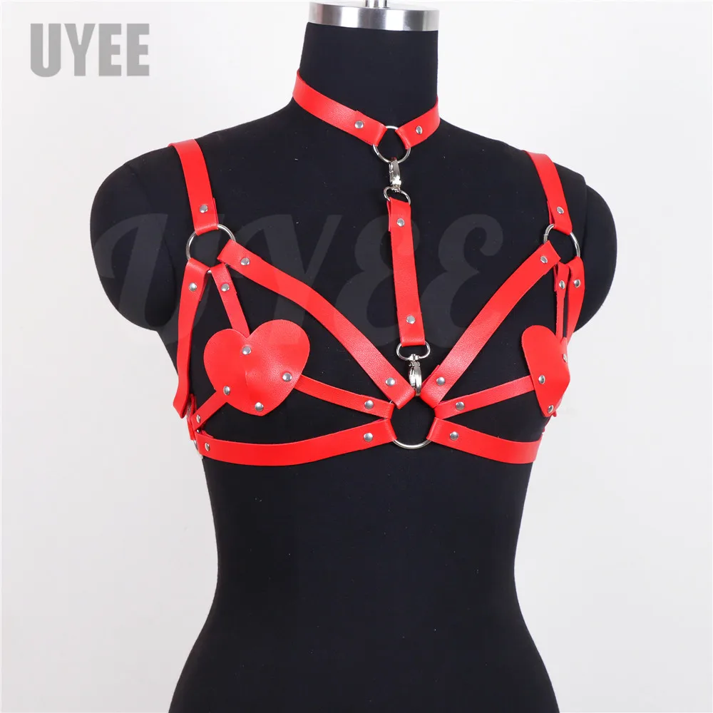 UYEE Sexy Women Harness Bra Red PU Leather Heart Chest Patch Rave Outfit Erotic Chest Bondage Lingerie Gothic Body Cage Bdsm Top