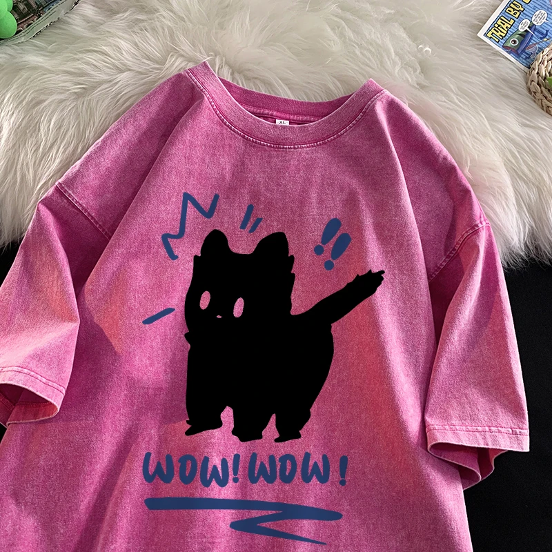 

Винтажные футболки для стирки в воде Wow Wow Fun Black Cat Топы Повседневные хип-хоп с короткими рукавами Мужская женская одежда Хлопковые топы для пар