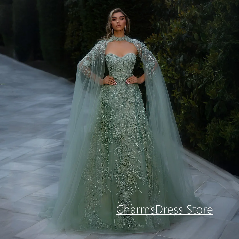 

Luxury Arabian Evening Dress Customized Sweetheart Sleeveless Beading Applique Party Dresses Flowers Prom Gown with Cape