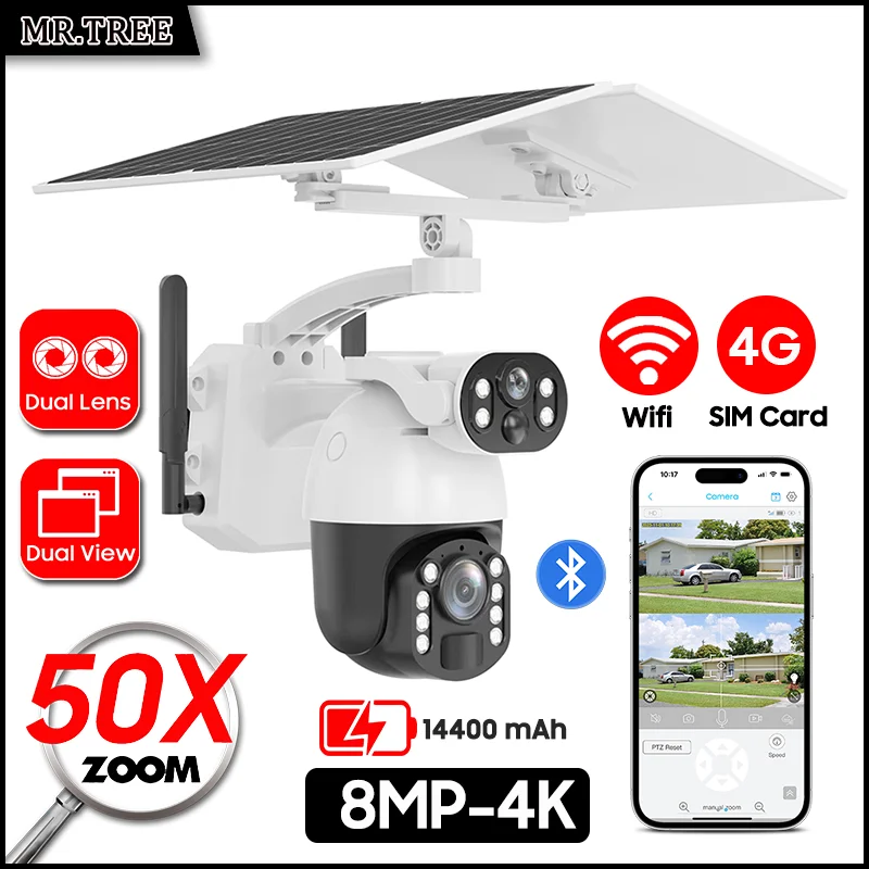 4K 50x Zoom Solar Camera 8MP Dual Lens View 4G SIM/WIFI Outdoor Surveillance PTZ Humanoid Tracking security protection IP Cam