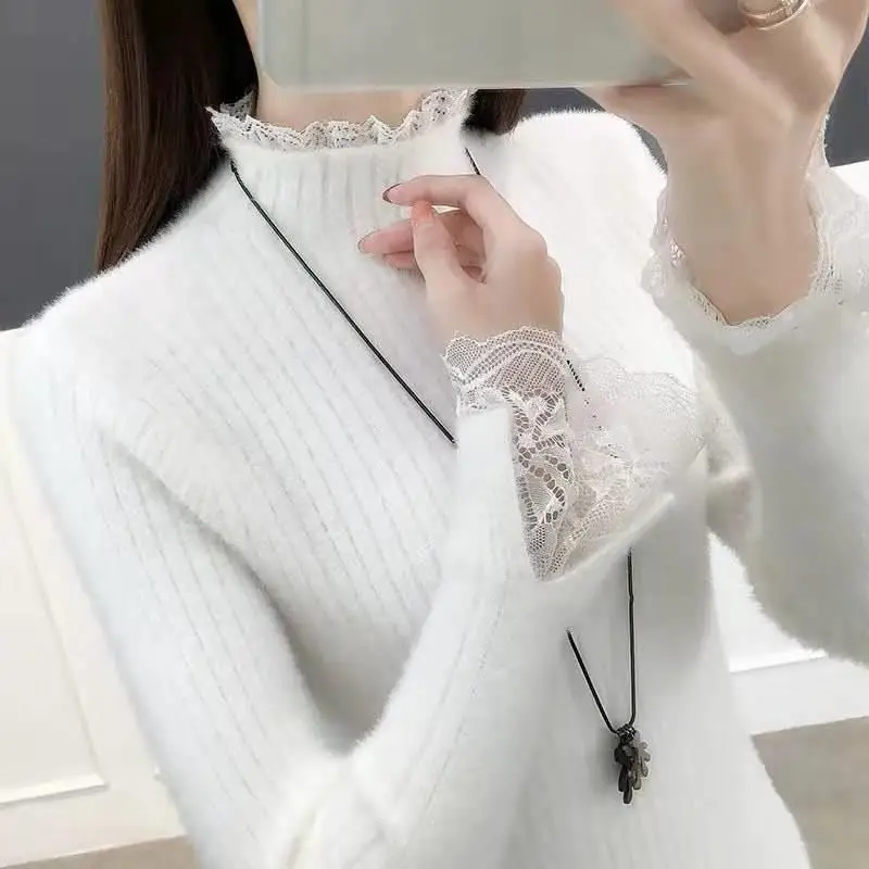 Elegant Half High Collar Knitted Spliced All-match Lace Sweaters Women\'s Clothing 2022 Autumn New Casual Pullovers Korean Tops