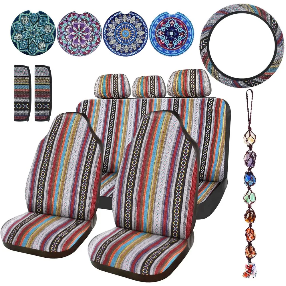 

Full Set of 14-Piece Multicolor Striped Bohemian Print Car Seat Covers with Steering Wheel and Seat Belt Protection and Crystal