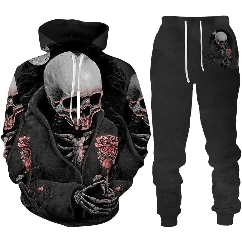 Autumn Floral Skull 3D Printed Hoodie Suit Men Sweatshirts Sweatpants Casual Fashion Two Piece Tracksuit Set Men\'s Clothing