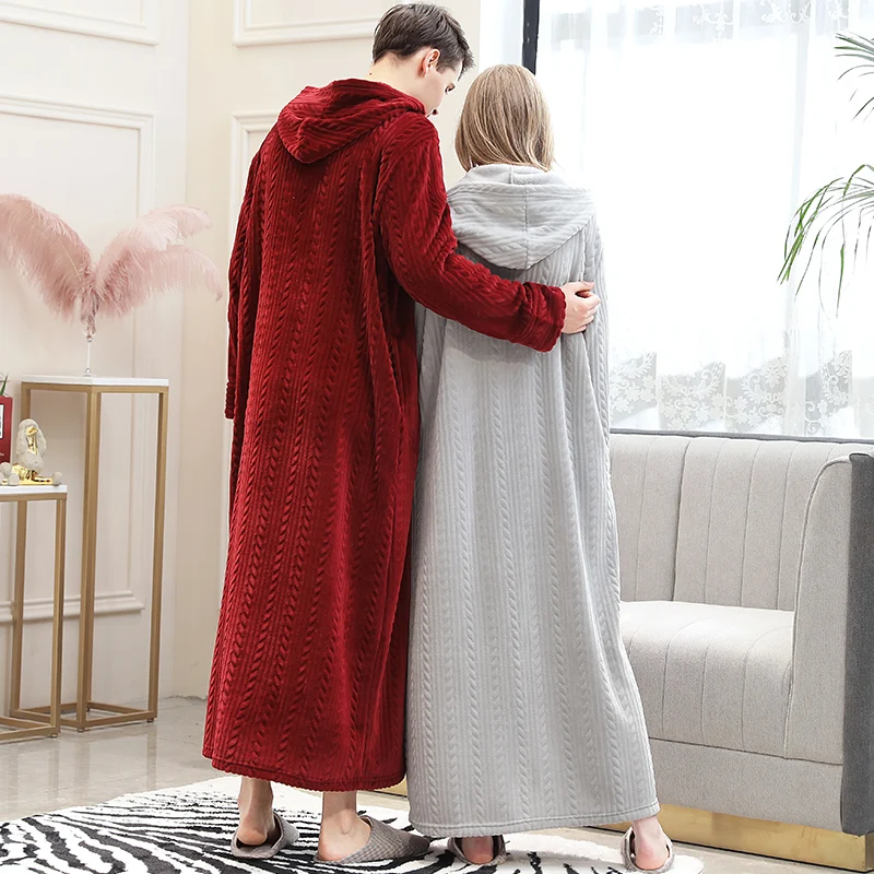 Women Winter Plus Size Long Warm Flannel Bathrobe Zipper Hooded Bath Robe Pregnant Coral Fleece Dressing Gown Men Sleepwear Spa