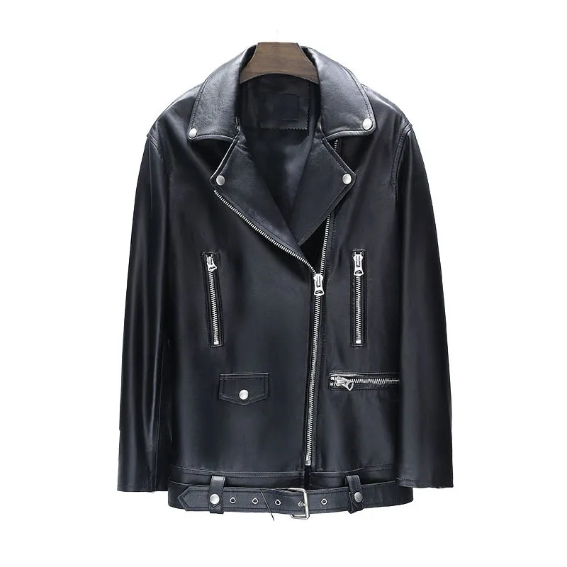 ZURICHOUSE High Quality Genuine Leather Jacket Women Autumn Winter Biker Zipper Jackets Lapel Loose Fit Natural Sheepskin Coat