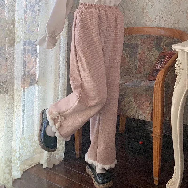 Japanese Kawaii Pants Women Wide Leg Cute Sweatpants Sweet Harajuku Lolita Vintage Baggy White Trousers with Bow Winter Pants