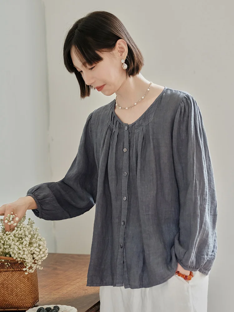

Eco-Friendly Pre-Dyed 00% Linen irt Women's Top Summer New Sle Crumpled Stone Pattern Loose Fit Long Sve Button up