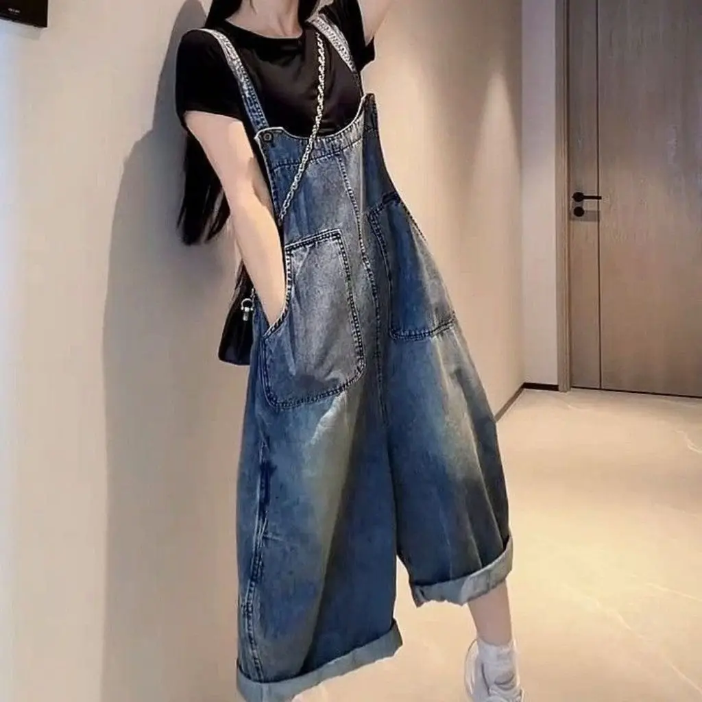 Fashion Women's Design Loose Lazy Plus Size Denim Bib 2026 Summer Female College Style Sweet Cool Covered Meat Slim Jumpsuit