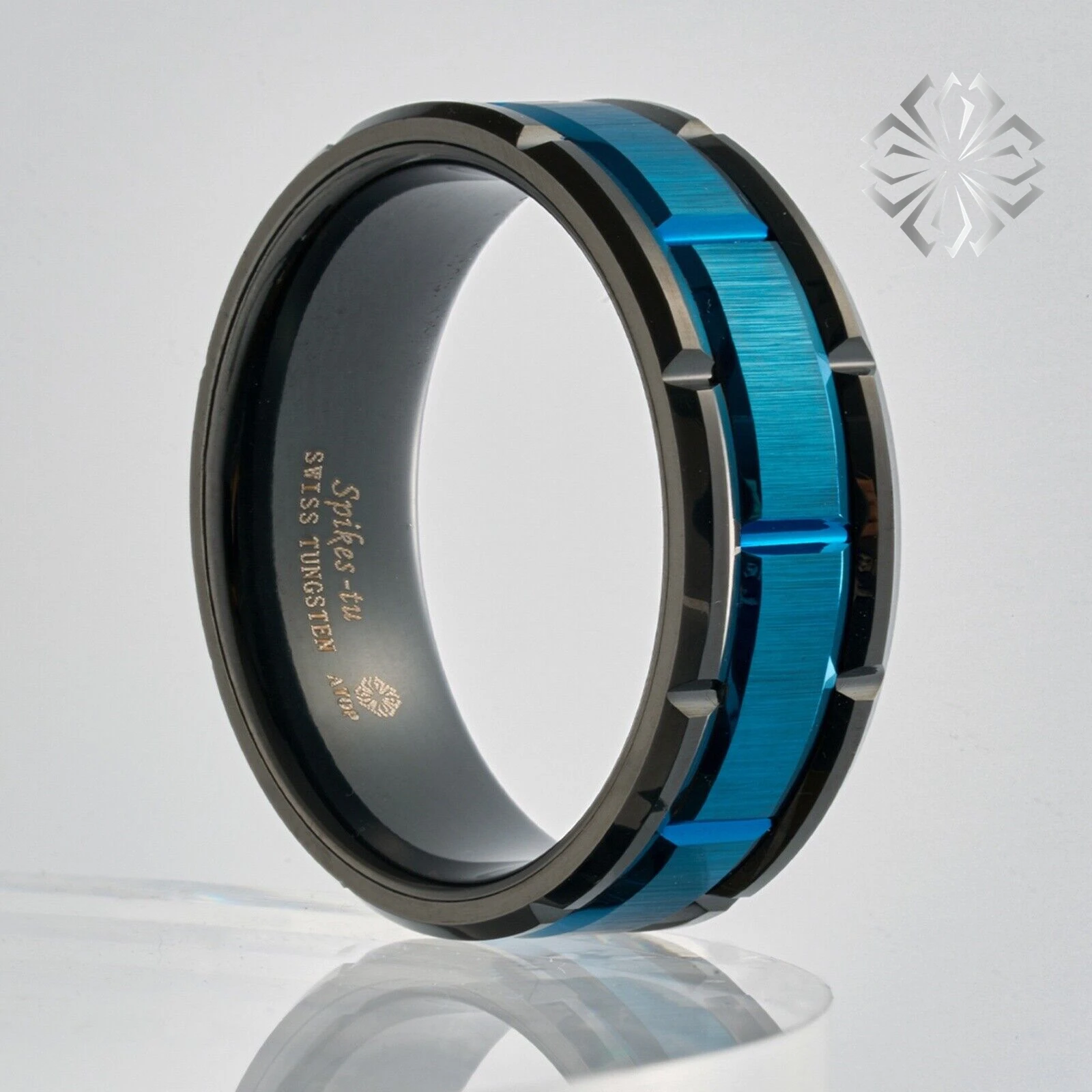 

8mm Blue/black Brick Pattern Groove Center Surface Brushed Finish Tungsten Ring