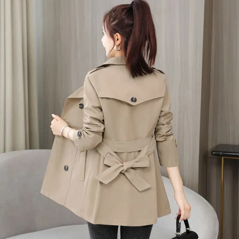 2024 New Spring Autumn Trench Coat Women Clothes Slim Long-Sleeved Short Windbreaker With Belt Casual Outwear Female Tops Lining