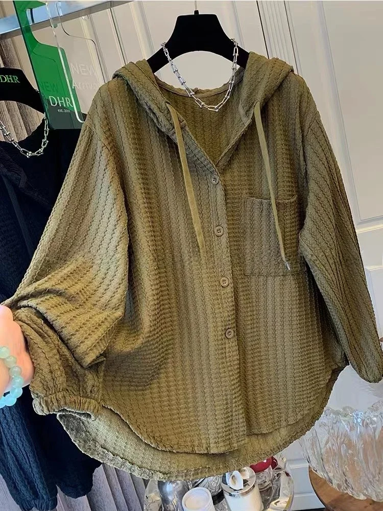 plus Size Women's Hooded Shirt Loose Fit Sun Protection Outerwear Spring Autumn New Style Casual Long Sleeve Button up Top