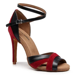 Biege-zapatos de baile latino para mujer, calzado de ante con suela de ante, tacones finos cubanos, Punta abierta, Stiletto de cuero, color negro y rojo