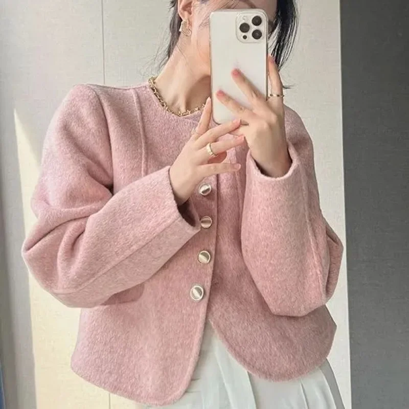 Woolen Coat Women Jacket Autumn Winter Basic Belted Elegant Short Two-sided  Female Metal Button Simple Sweet Korean Style