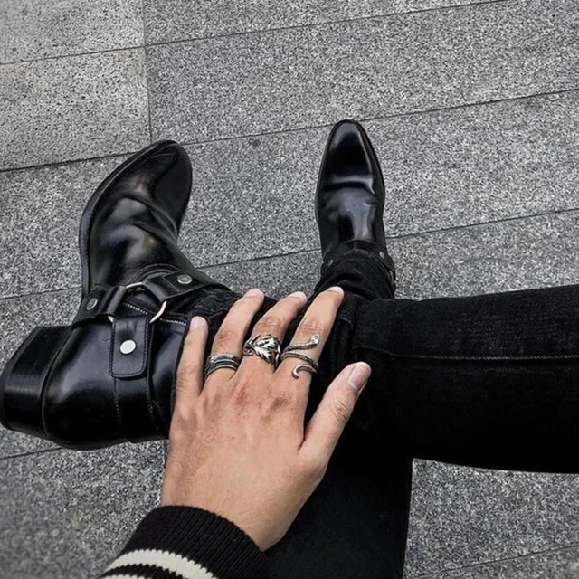 Handmade Ankle Boots for men Black Genuine Leather Zipper Harness Boots Zapatos Hombre AliExpress