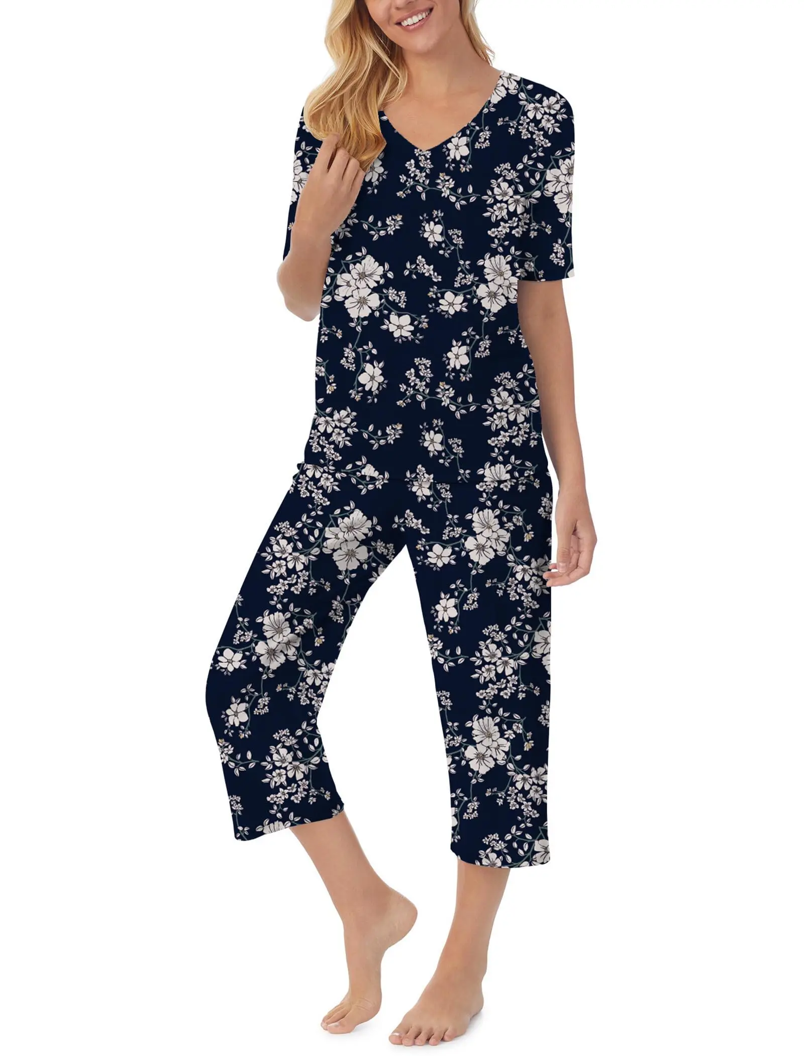 

QCIV Женские пижамные комплекты Топ с v-образным вырезом и короткими рукавами и брюки-капри с карманами Комплект одежды для сна из двух предметов PJS