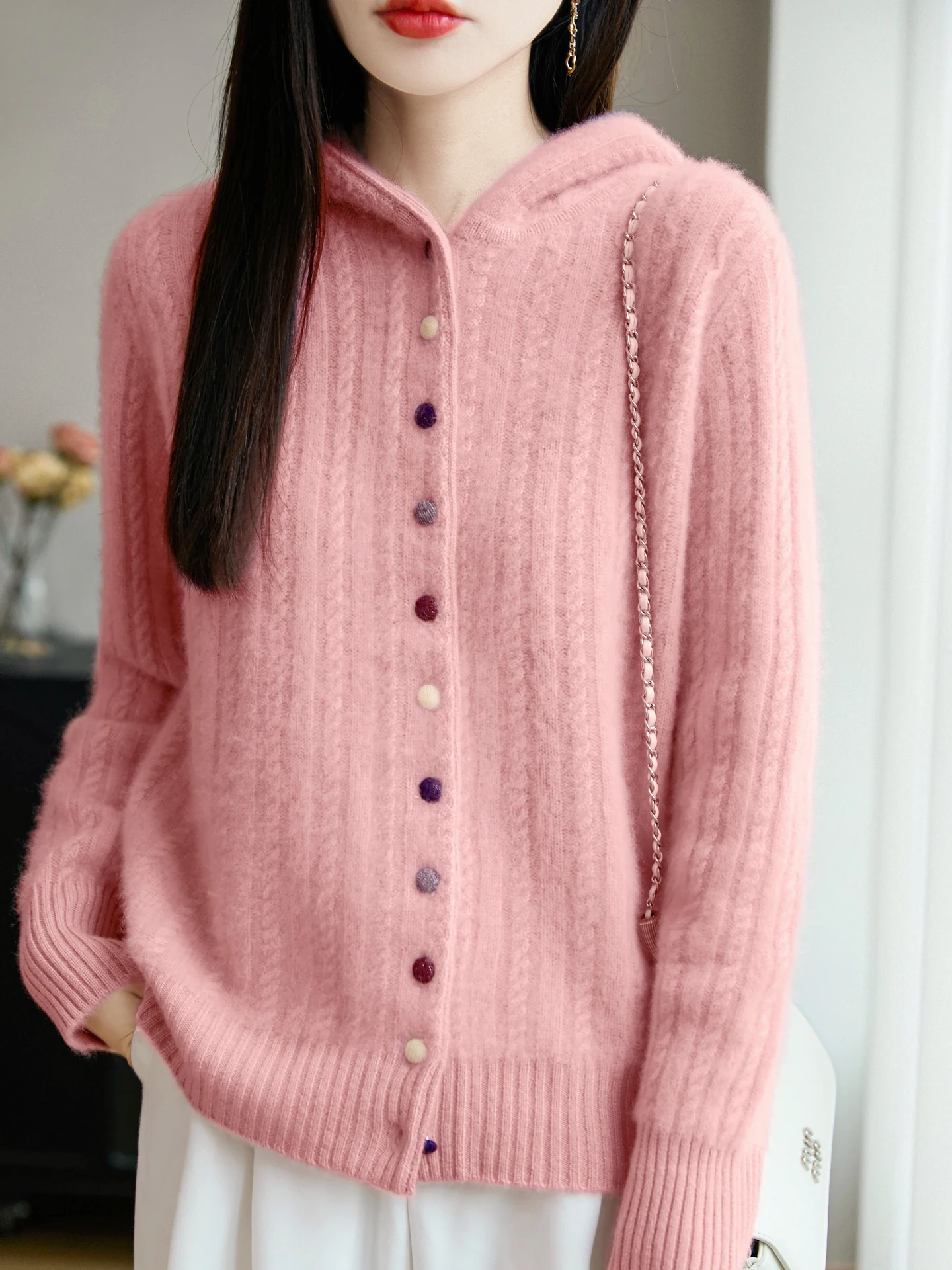 

Women Color Buttoned Hooded Cardigan 100% Merino Wool Sweater Autumn Winter Cashmere Clothing Casual Thickened Twisted Knitwear