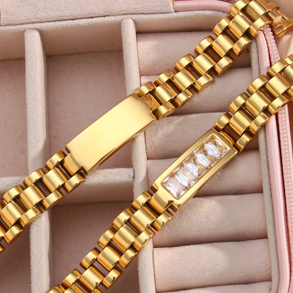 2025 Oringinal Design Green Black White 3A Zircon Paved Watchband Wrist Bracelets For Women Stainless Steel Gold Plated Bangles
