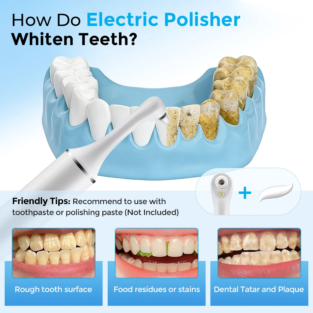 Electric Tooth Polisher Teeth Whitening Cleaner 5 Speed Modes with 6 Brush Heads LED Light Plaque Dental Tartar Remover Recharge