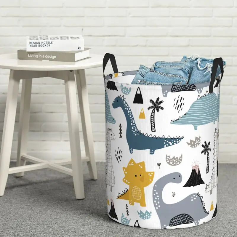 Cartoon Dinosaurs Round Laundry Basket Large Capacity Cloth Laundry Hamper Oxford Toys Storage Organizer for Home Dorm Decor