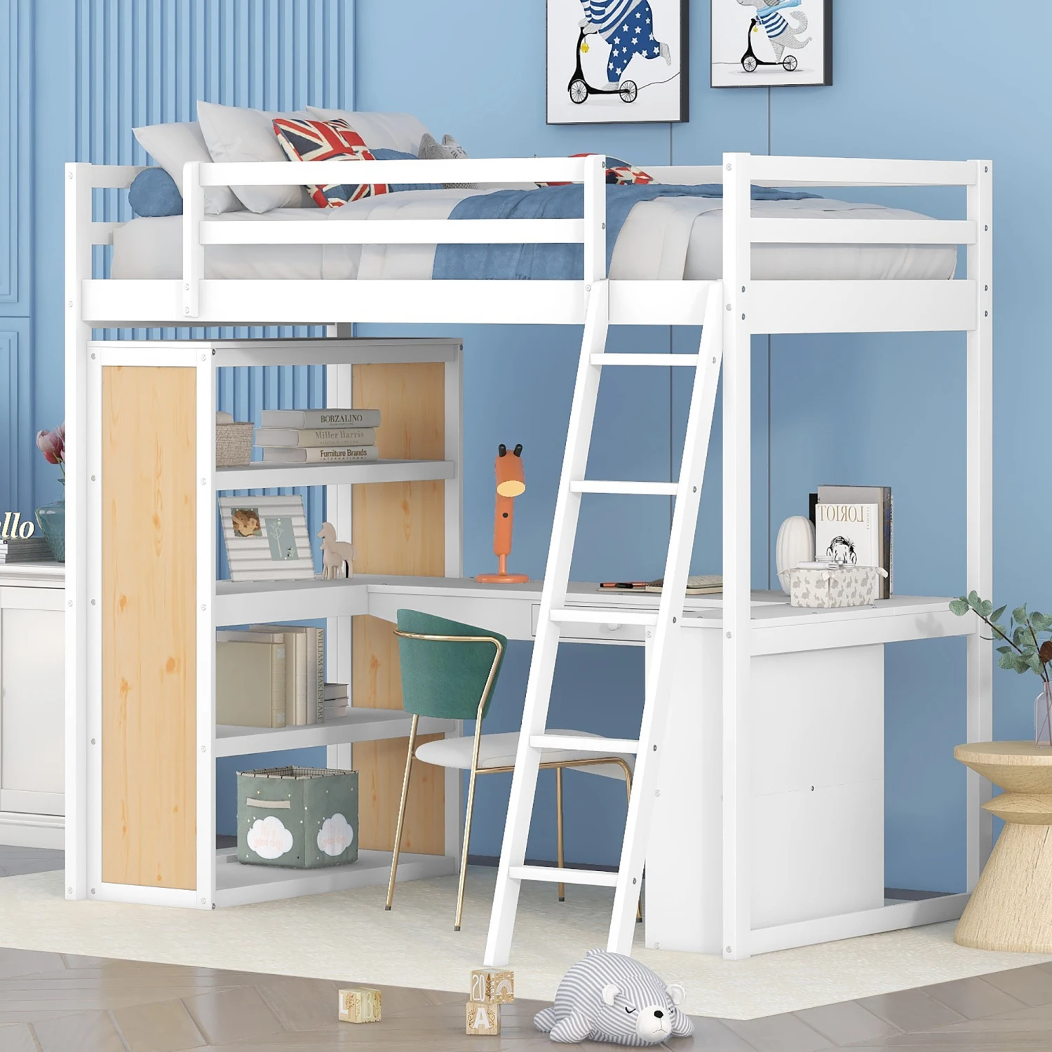 Twin Size Loft Bed + Ladder, Shelves, Desk, White - Modern Design