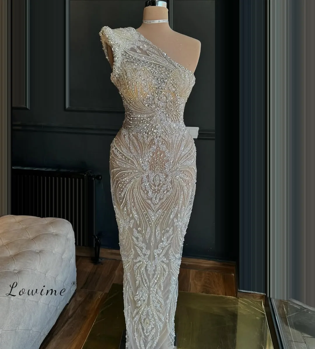 Exquisite One Shoulder Long Prom Gown Sequined Beads Cocktail Dresses Customized Awards Ceremony Dress