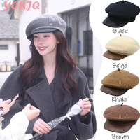 Ins Chic Vintage Winter Wool Blend Leather Patchwork Hats for Women Knitting Cloud Mushroom Cap Men Leisure Painter Visors Gorro