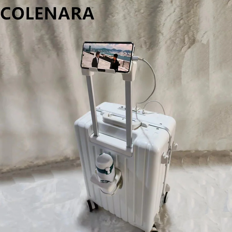 COLENARA 20"24Inch USB Charging Luggage Front Opening Laptop Boarding Case Trolley Case with Cup Holder Women's Cabin Suitcase