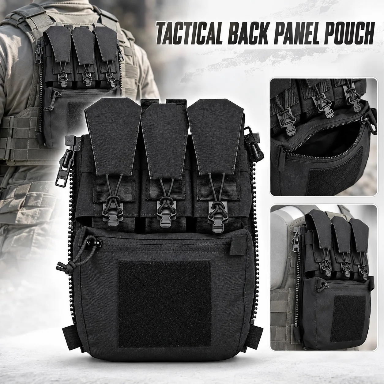 V5 FCPC Tactical Vest Zipper On Back Panel Triple Utility Pouch Modular Expansion Bag for Plate Carrier Airsoft Outdoor Training
