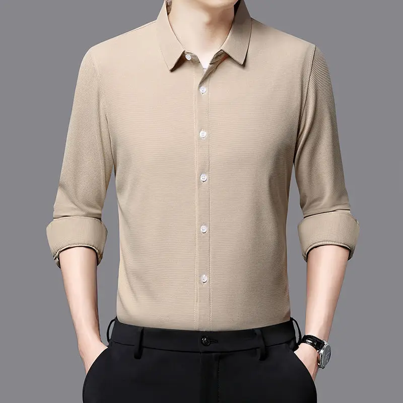 

Autumn New Waffle Shirt Men Solid Square Neck Button Slim Handsome Advanced French Simple Business Casual Long Sleeved Tops 2023