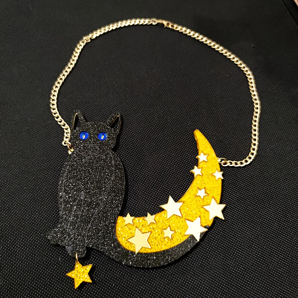 KUGUYS Big Black Cat Gold Color Moon Stars Pendant Necklace for Women Fashion Acrylic Large Sweater Chain Hyperbole Jewelry Acce