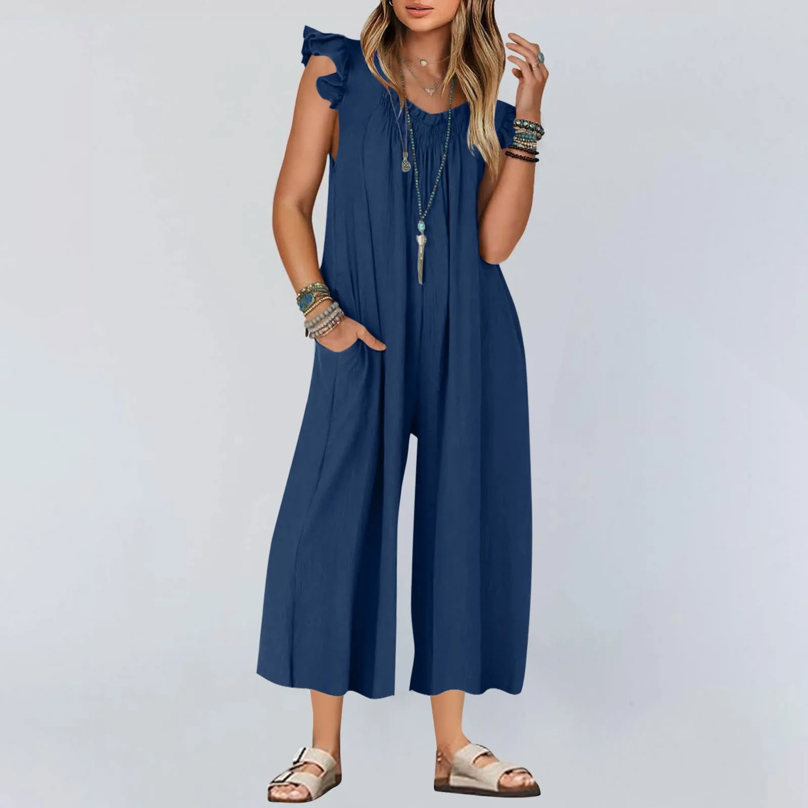 

Summer Jumpsuit Casual Women Solid Wide Leg Jumpsuit Female V-neck Short Puff Sleeve High Waist Draped Loose Romper New Fashion