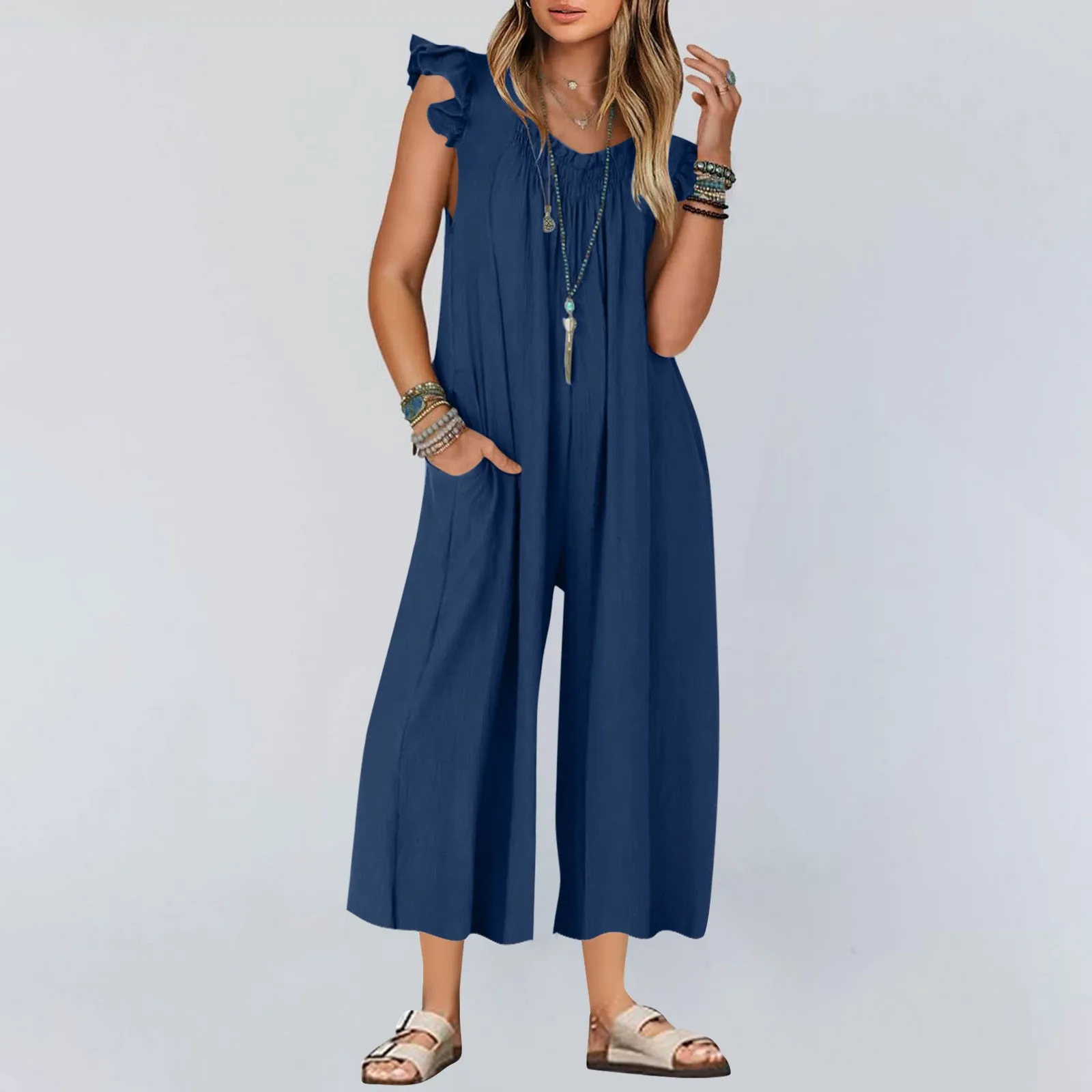 Summer Jumpsuit Casual Women Solid Wide Leg Jumpsuit Female V-neck Short Puff Sleeve High Waist Draped Loose Romper New Fashion