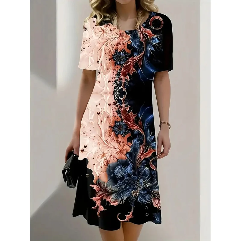 Neues Kleid mit Blumendruck – feminines Damen-Sommerkleid in A-Linie mit Rundhalsausschnitt