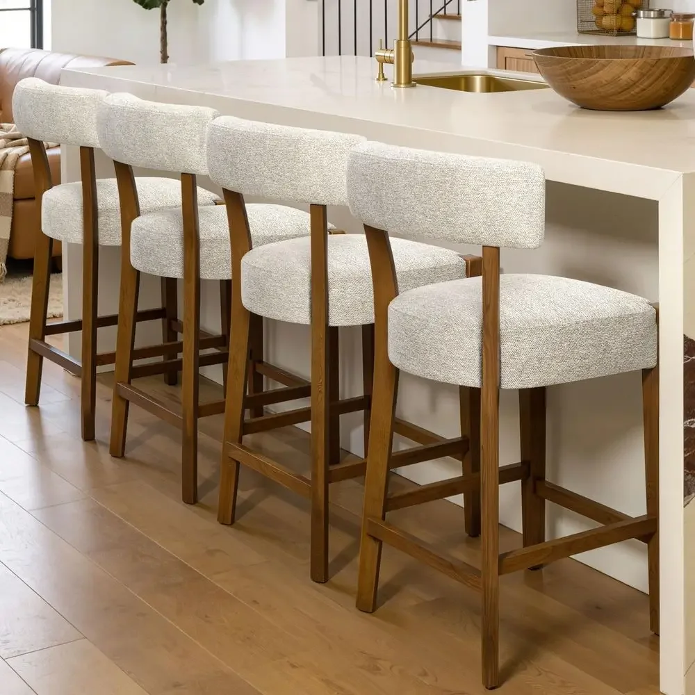 

26 Inch Counter Height Bar Stools Set of 4, Upholstered Beige Linen Fabric Barstools with Solid Walnut Wood Legs, Elegant MidCe