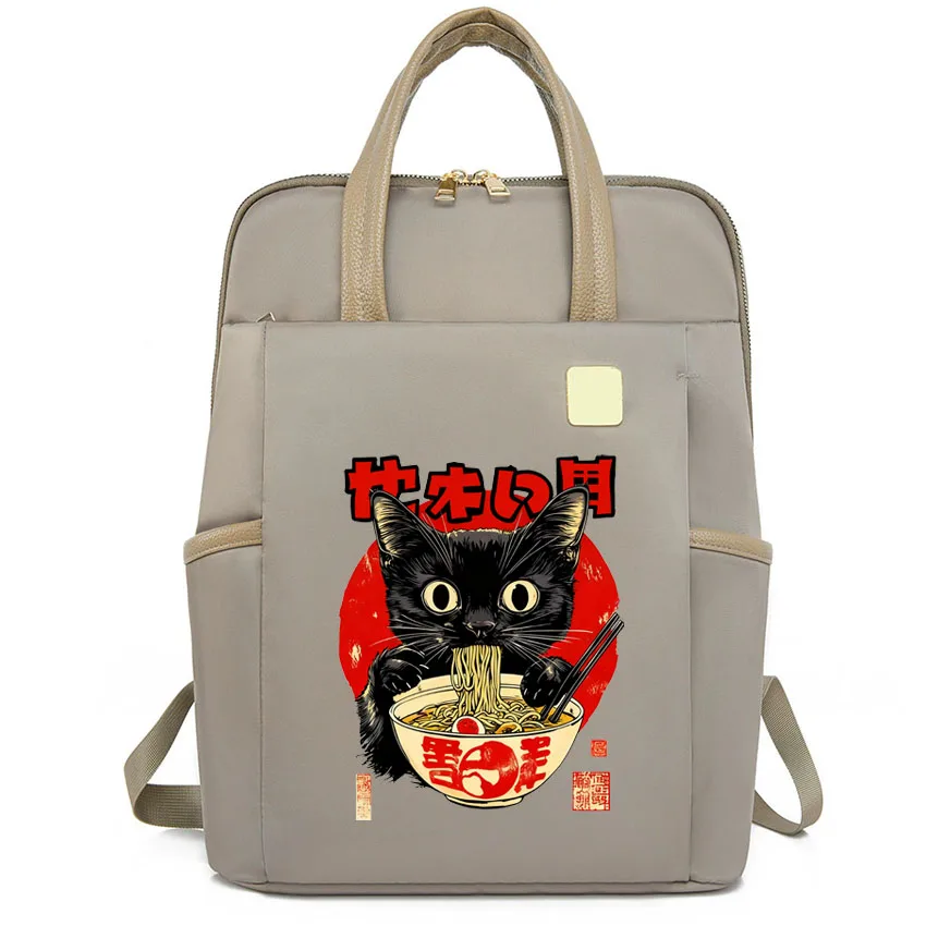 

Рюкзак для ноутбука из ткани Оксфорд, черный/хаки, с забавным японским принтом (кот, рамен), водонепроницаемая сумка через плечо