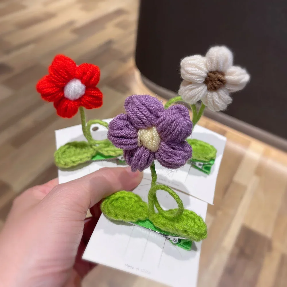 Handmade Knitting Wool Hair Clips for Children Creative Flower Interesting Alligator Clips Girl Hair Accessories