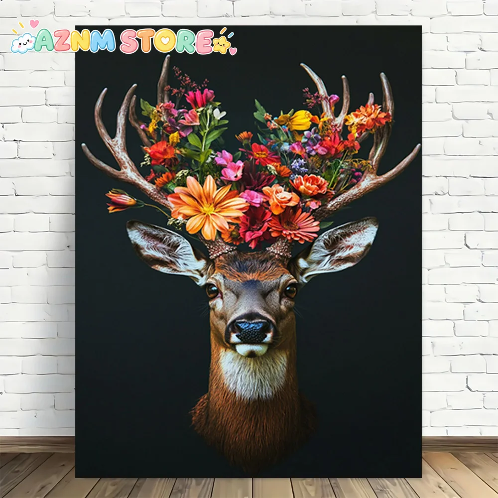 2D Flat 1pc, Floral Deer Headpiece Art Print Frameless Canvas Wall Art Modern Vintage Design, High Quality Printed Poster, El