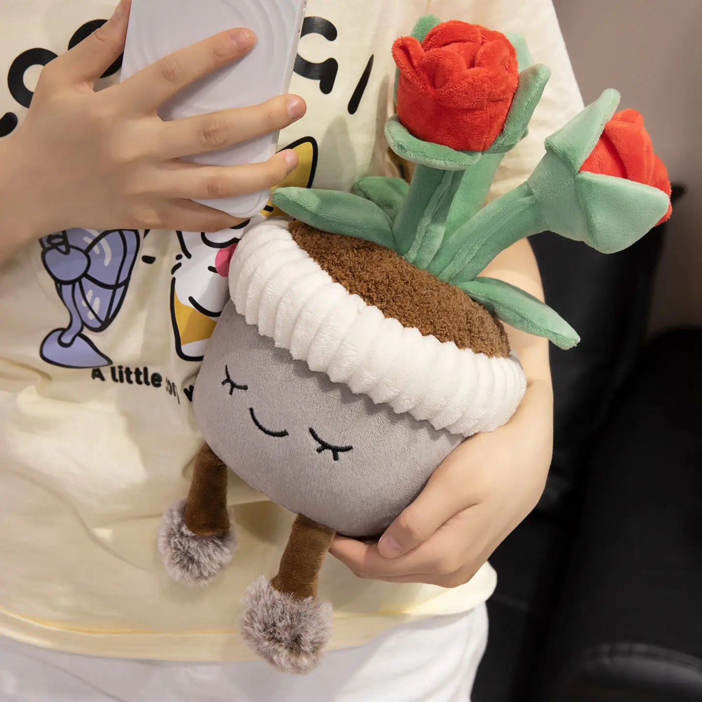 Potted Roses Plushie Stuffed Smiling Face Flower Plant with Legs Pink Red Decoration for Home Office Gift