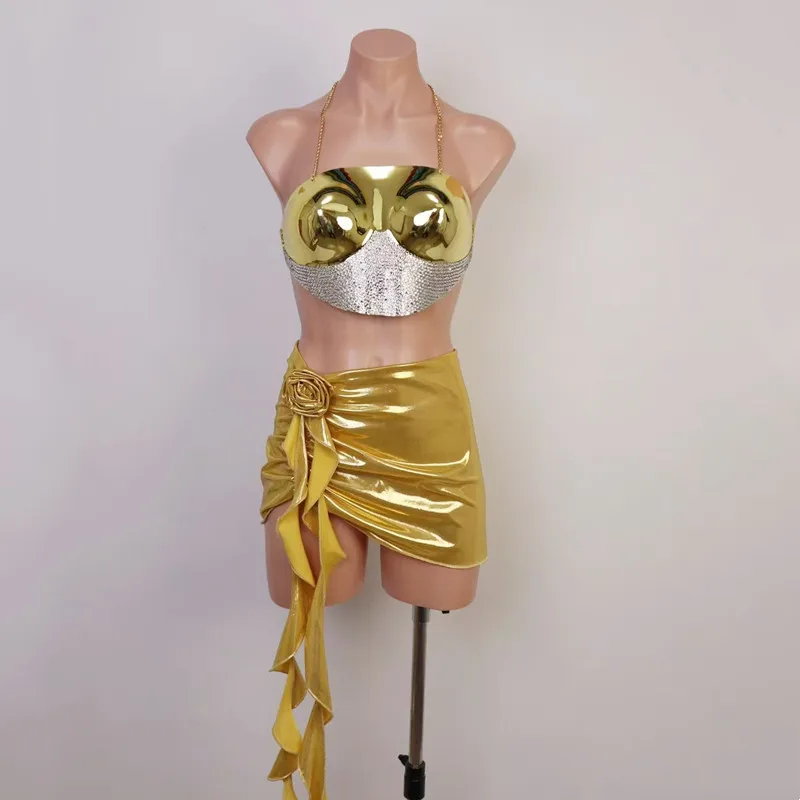 ملهى ليلي بار المرأة المغني مثير المرحلة ارتداء الذهب الفضة الراين حمالة تنورة صغيرة 2 قطعة مجموعة تظهر سحب الملكة زي #2
