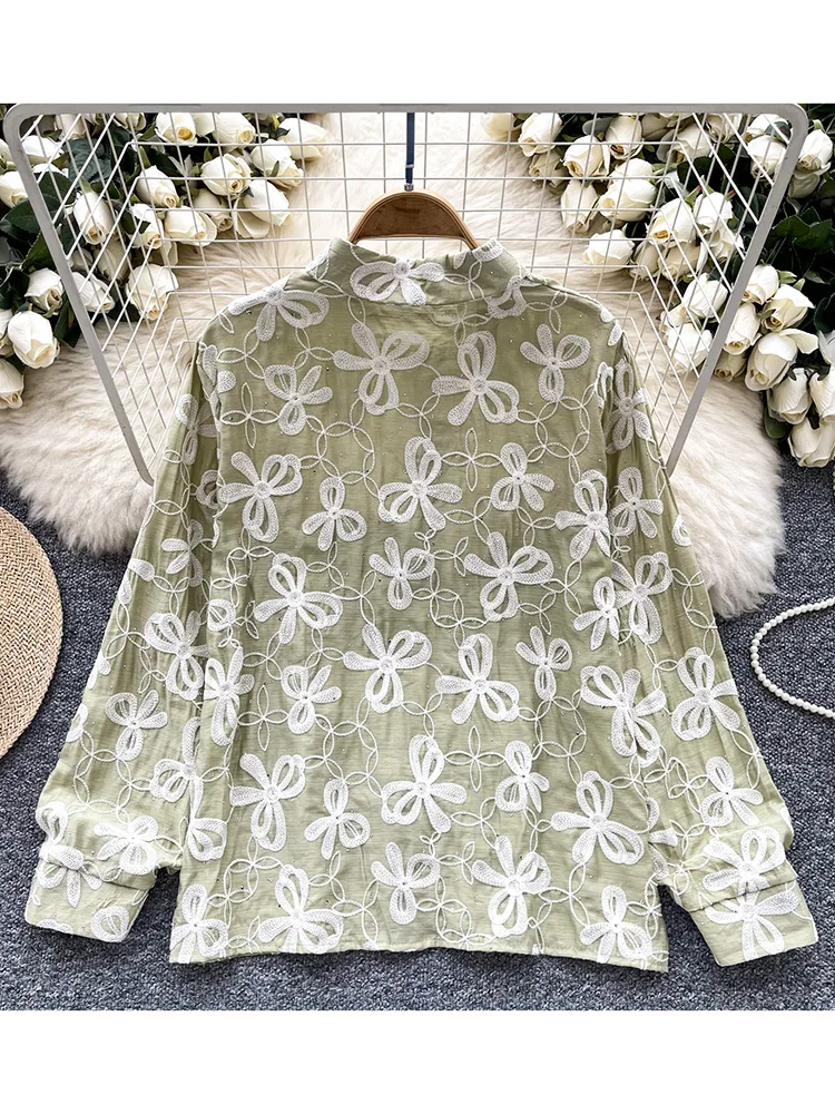 Women Spring Shirt Korean Version Retro Ethnic Style Polo Collar Long Sleeved Shirt Embroidered Temperament Top Trendy BL106