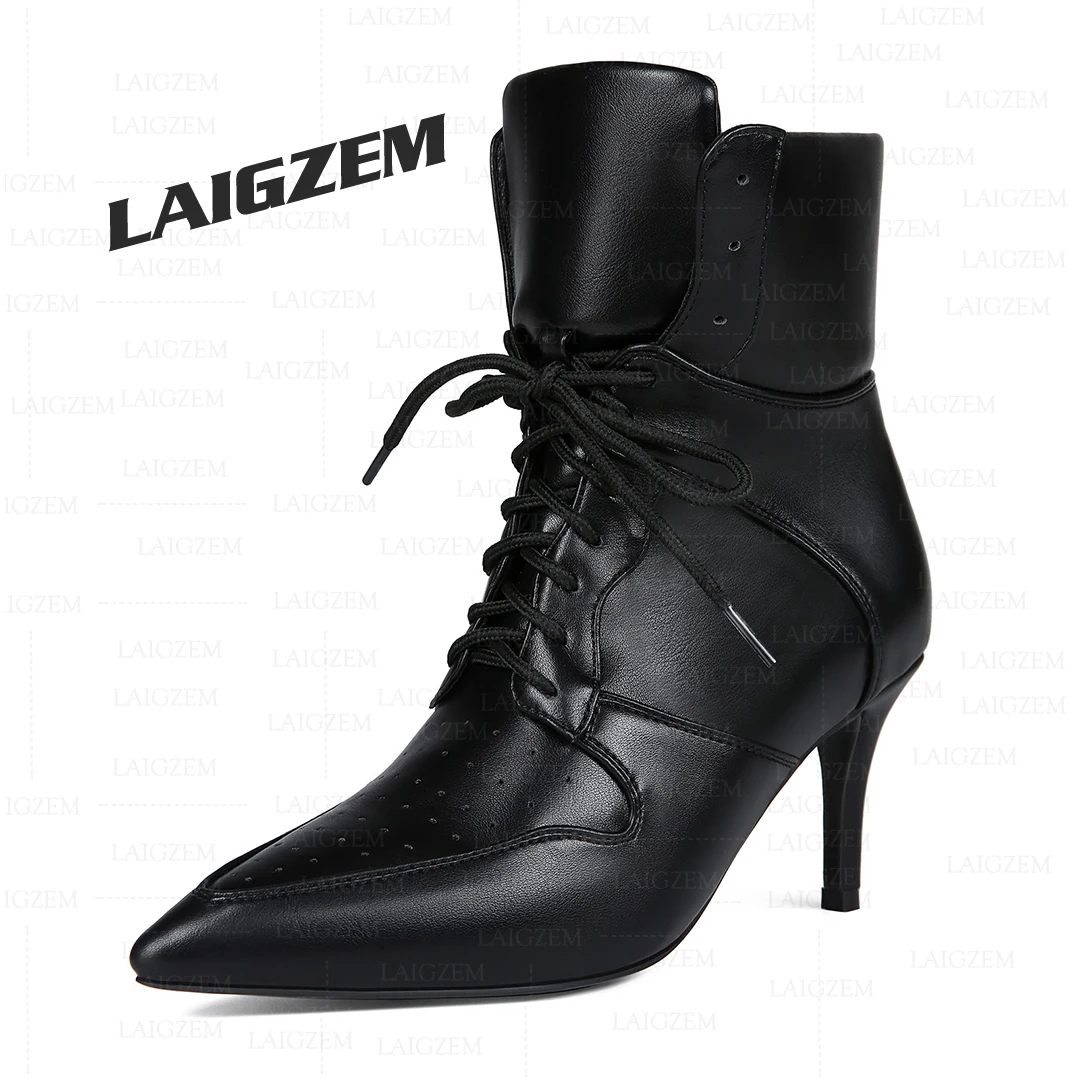 

LAIGZEM Women Ankle Boots 7.5CM Thin High Heels Short Boots Lace up Faux leather Ladies Shoes Woman Large Size 38 41 45 47