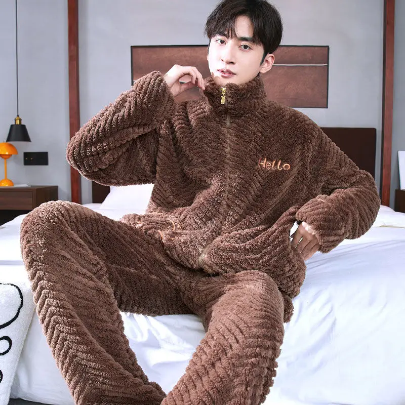 Men's Sleepwear Coral Velvet Autumn and Winter Extra Thick with Velvet Zipper Hipster Flannel Long Sleeve Homewear Set  Pajamas