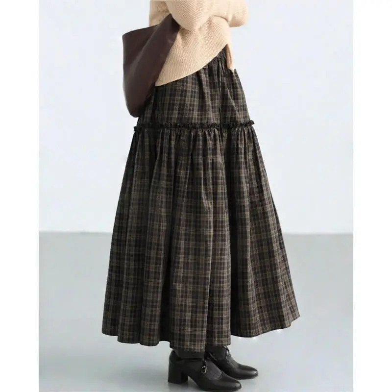 

Autumn Winter Woman Skirt Color Blocking Plaid Ruffled Edge Umbrella Skirt High Waist Temperament Girl Gentle Retro A-Line Skirt