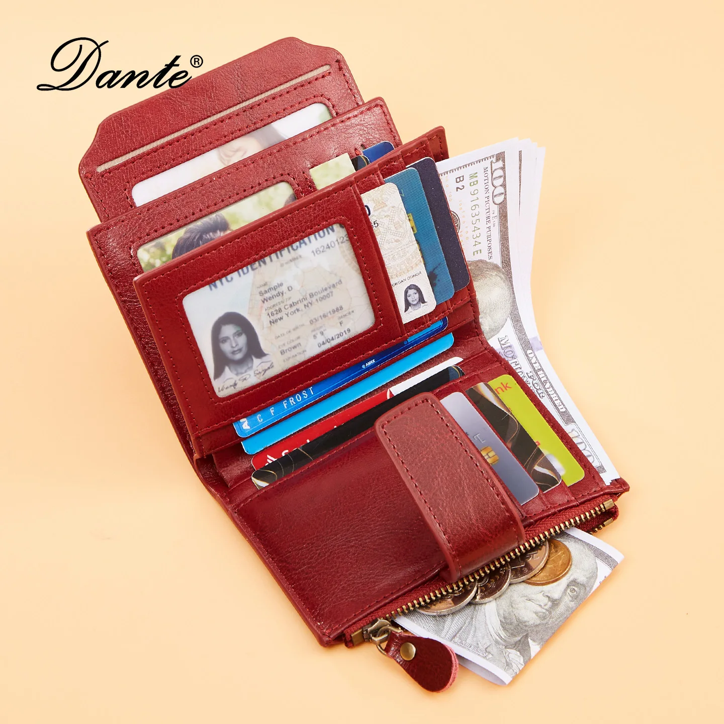 Dante 2026 New RFID Blocking Women Short Wallet Korean Trifold Double Zipper Oil Wax Cowhide Card Holder Coin Purse Ladies Money