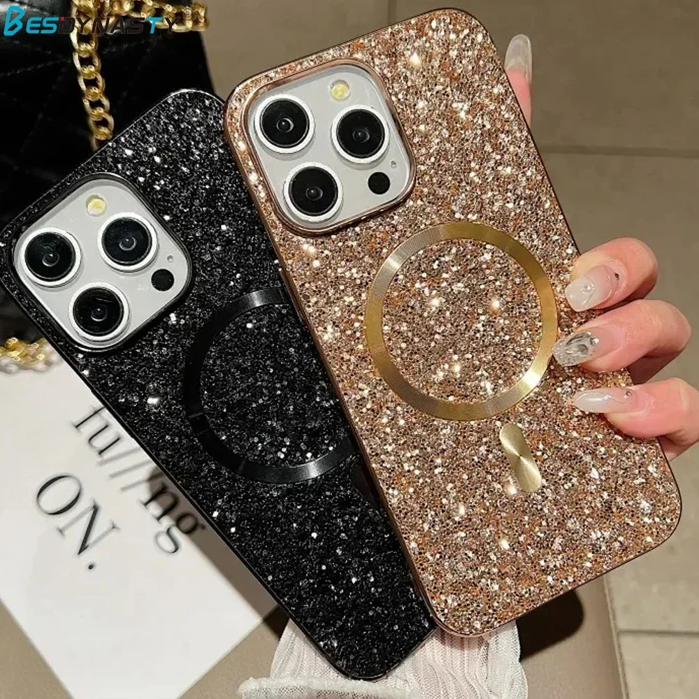 

Sparkle Luxury Phone Case for IPhone 16 15 14 13 12 ProMax Magnetic Shockproof Cover with Wireless Charging Hard Glitter Plating