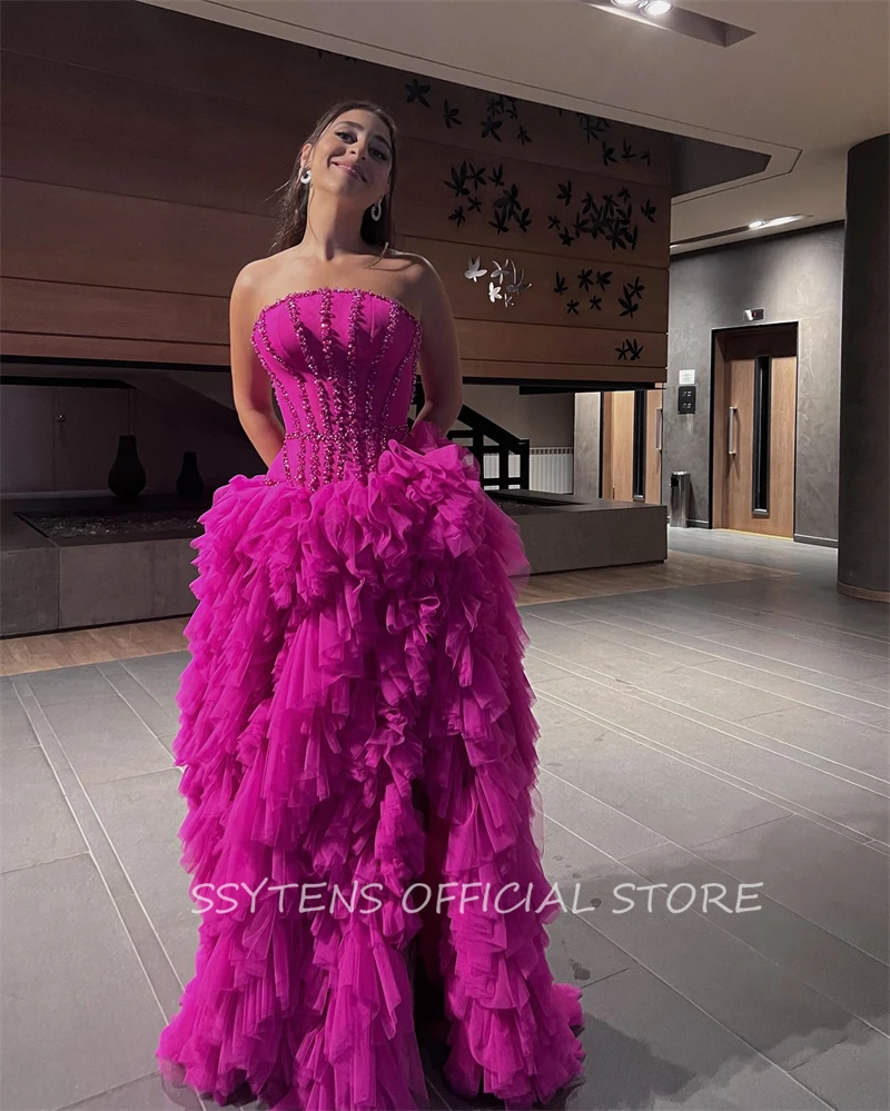 Shiny Fuschia Pink Tulle A Line Evening Dresses Strapless Long Princess Prom Party Dress Customized Beading Celebrate Ball Gowns